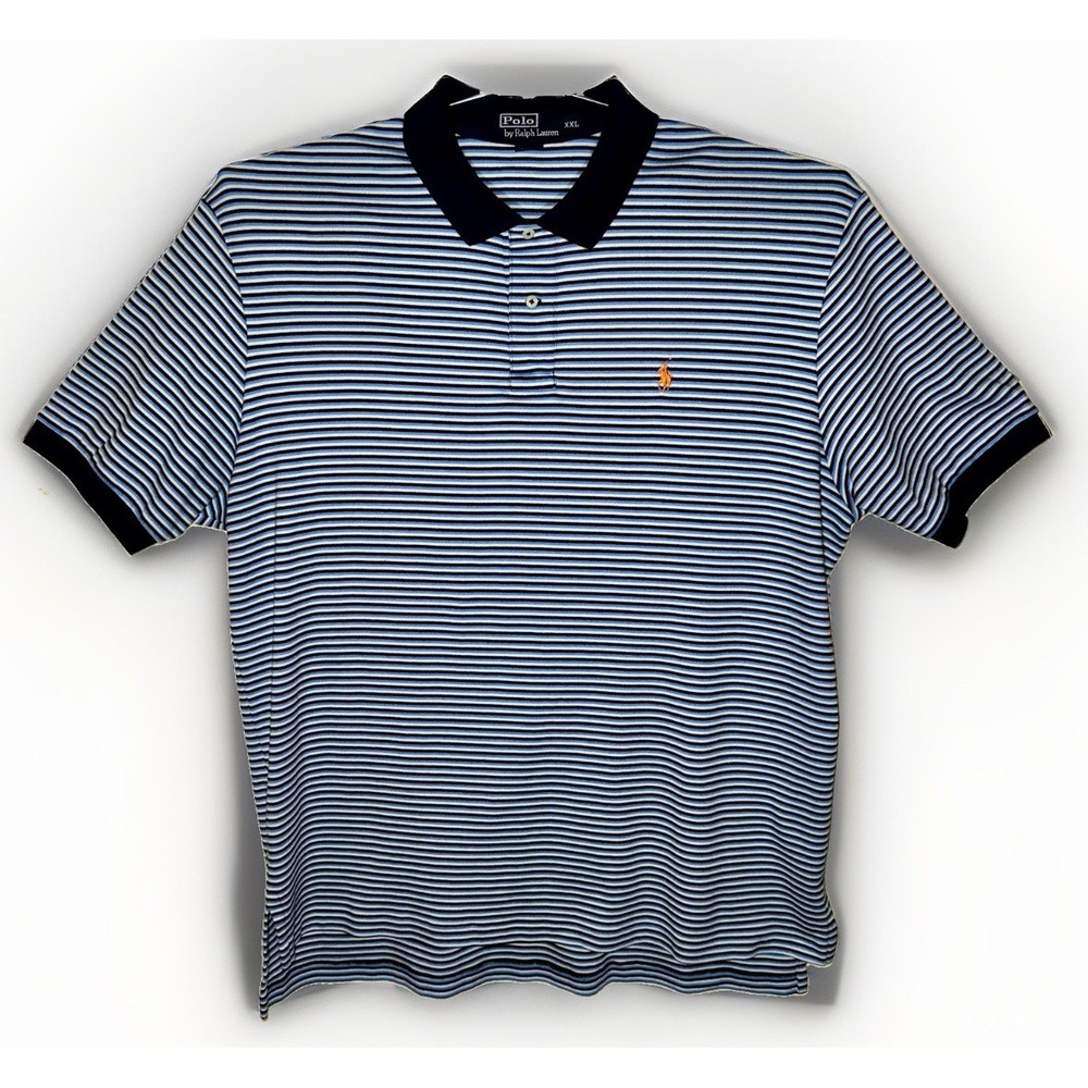 VTG 90s Polo Ralph Lauren Knit Shirt XXL Baby Blue Navy White Stripe Orange Pony